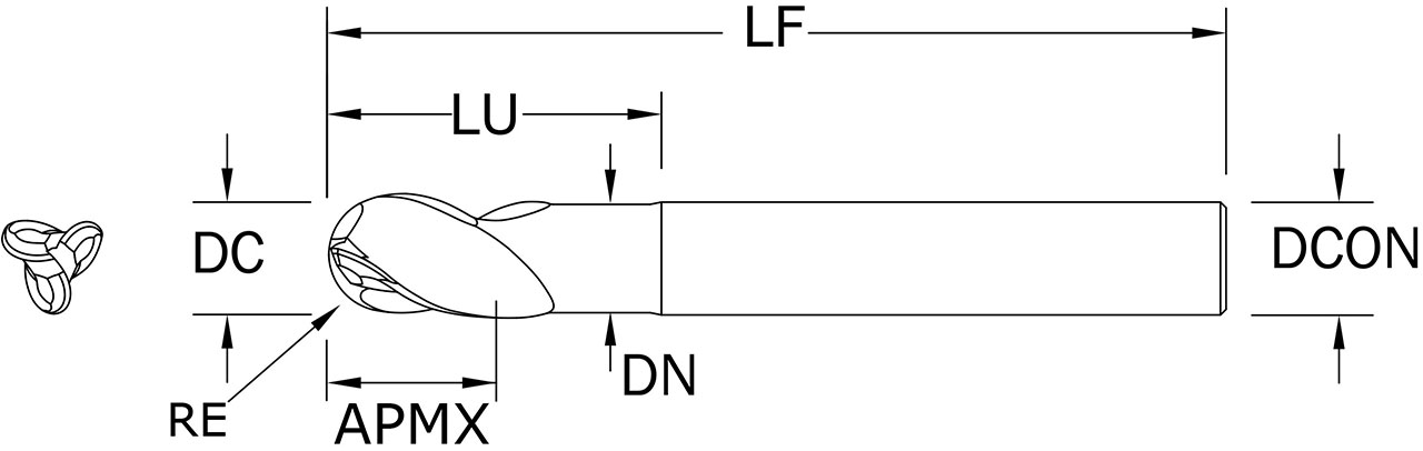 SGS 1/2" Dia, 3 Flute, Ball Nose End Mill - 35009 - Drawing 1