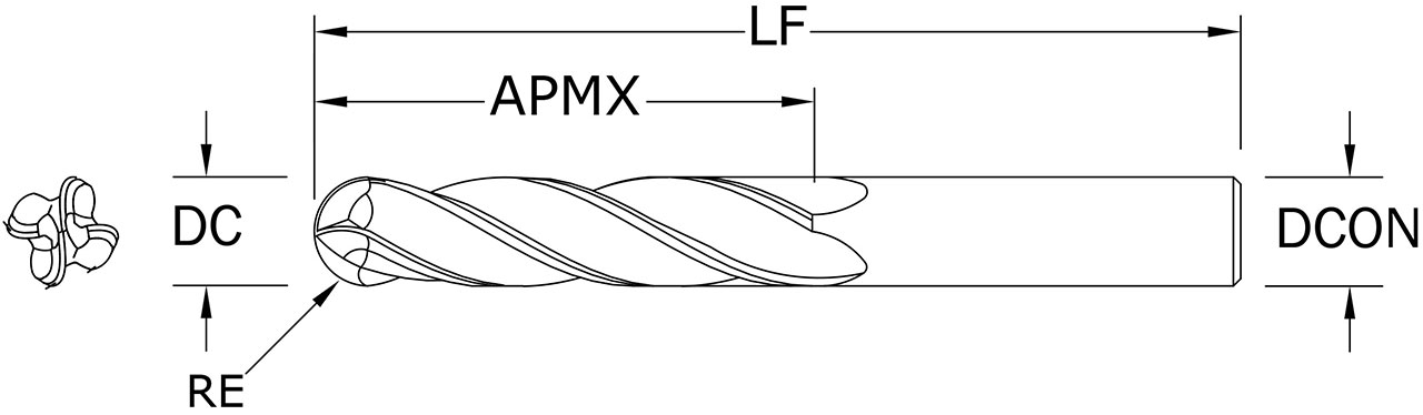 SGS 3/4" Dia, 4 Flute, Ball Nose End Mill - 70465 - Drawing 1