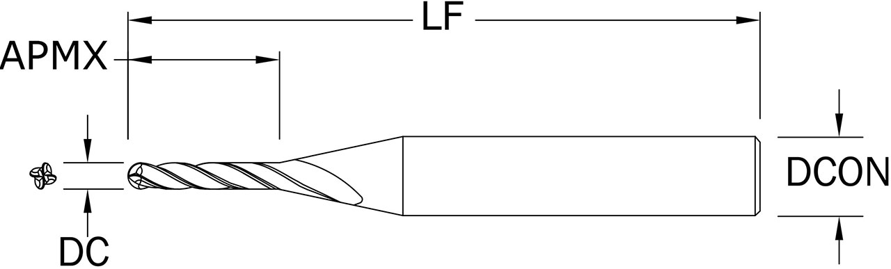 SGS 0.0930" Dia, 4 Flute, Ball Nose End Mill - 00973 - Drawing 1