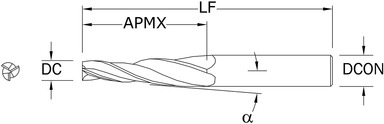 SGS 1/4" Dia, 3 Flute, Tapered Square End Mill - 32362 - Drawing 1