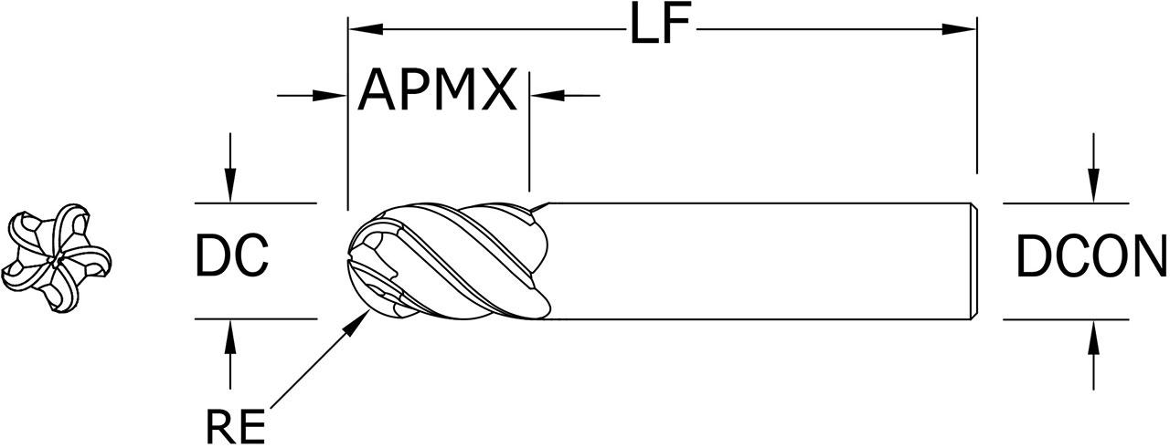 SGS 1" Dia, 5 Flute, Ball Nose End Mill - 32506 - Drawing 1