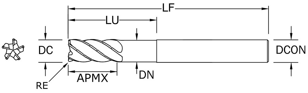 SGS 3/16" Dia, 5 Flute, Chip Breaker Corner Radius End Mill - 37775 - Drawing 1