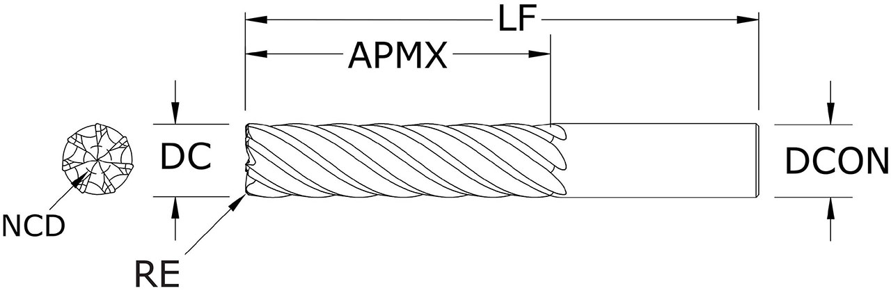 SGS 1" Dia, 7 Flute, Corner Radius End Mill - 77336 - Drawing 1