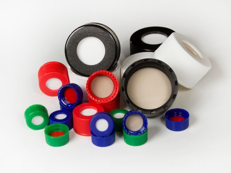 Screw Cap, CHROMSPEC, 9 mm, Blue with Pre-Slit 0.040" Blue PTFE/White Silicone Septum, Minimum Order Quantity of 20 Packages