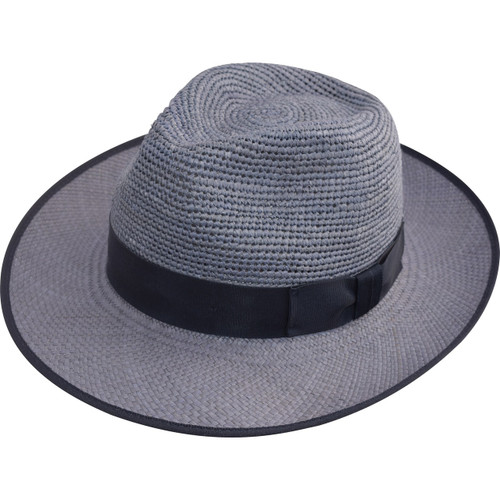 Crochet Crown Trilby Panama Hat, shown in Blue, with Navy band and trim
