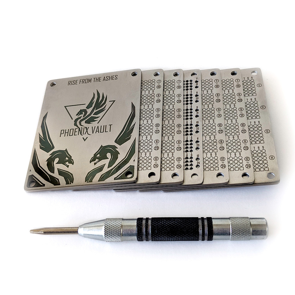 Strongest metal seed phrase product available by my phoenix vault.
Stores multiple seed phrases for digital and crypto wallets.
Stores up to 10 crypto wallet seed phrases.