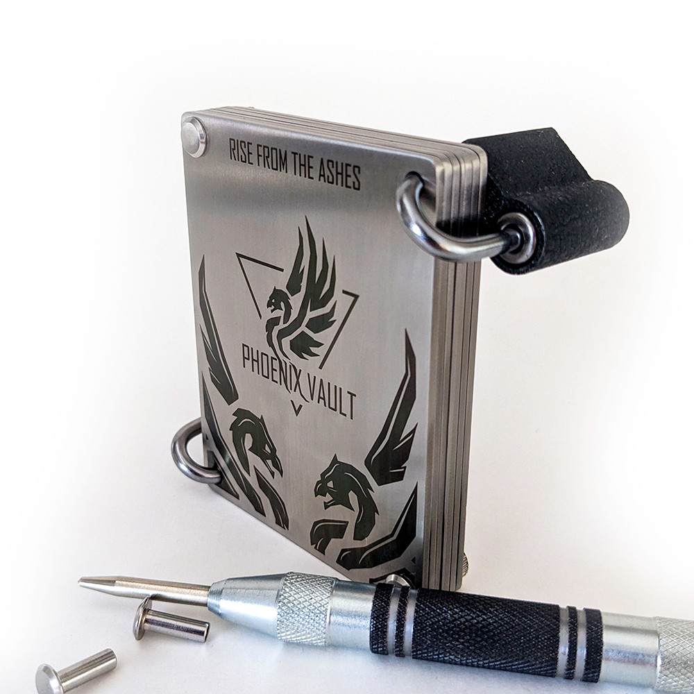 Strongest metal seed phrase product available by my phoenix vault.
Stores multiple seed phrases for digital and crypto wallets.
Stores up to 10 crypto wallet seed phrases.
padlocks not included