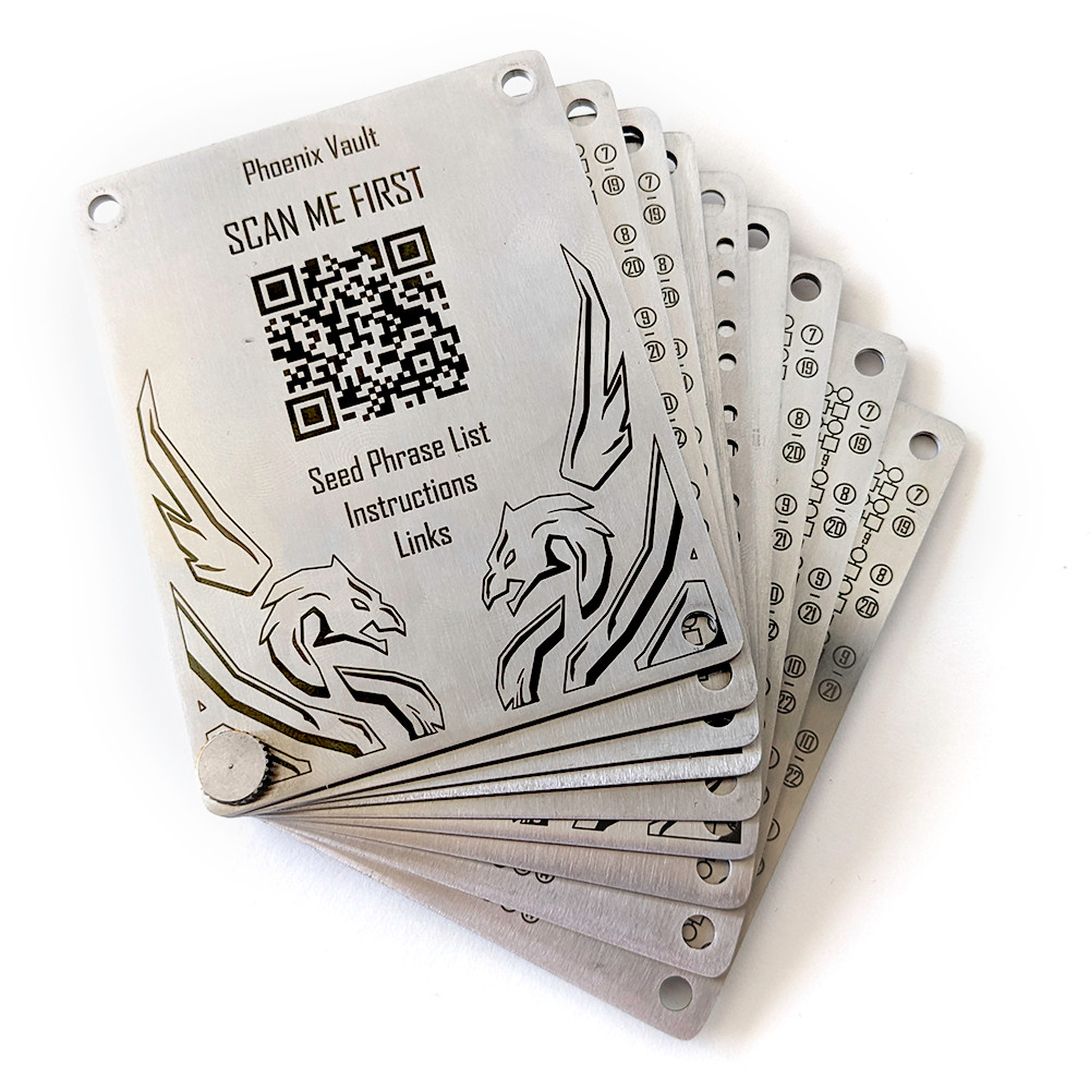 Strongest metal seed phrase product available by my phoenix vault.
Stores multiple seed phrases for digital and crypto wallets.
Stores up to 14 crypto wallet seed phrases.
