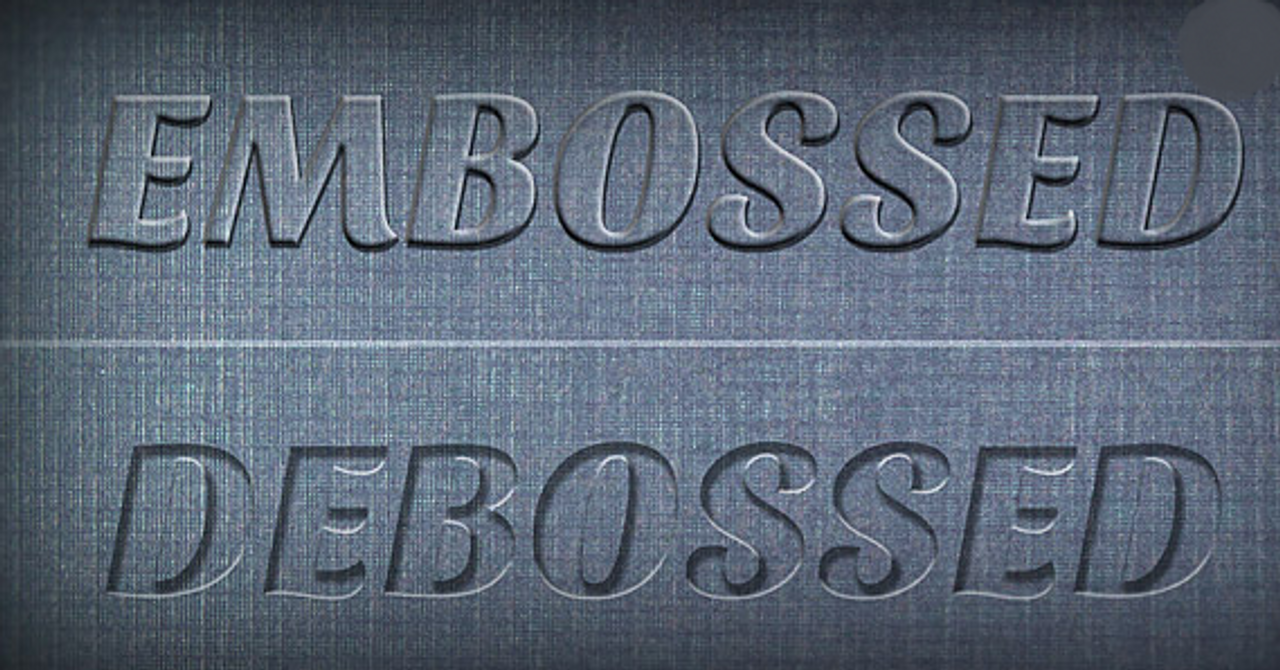 EMBOSSED = LETTERS/LOGO RAISED PROCESS
DEBOSSED = LETTERS/LOGO PUSH IN PROCESS