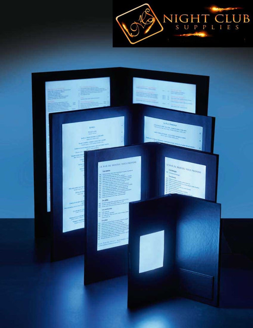 LED BACK LIT MENUS, LED MENUS, GLOW MENU,  back lit menu covers, check presenters, table stands, back lit menus, dine a light, glow in the dark, glowing menus, grandstand, led menus, light up menus, lighted menu, lit check presenters, lit menus
