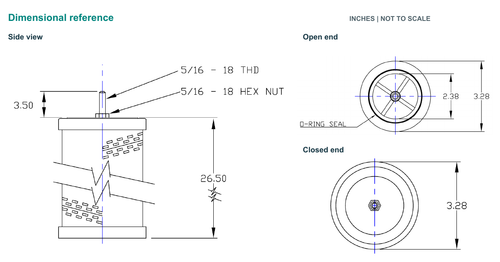 CFS USOR-500 coalescing filter element dimensional drawing showing body length, diameters, seal and mounting details