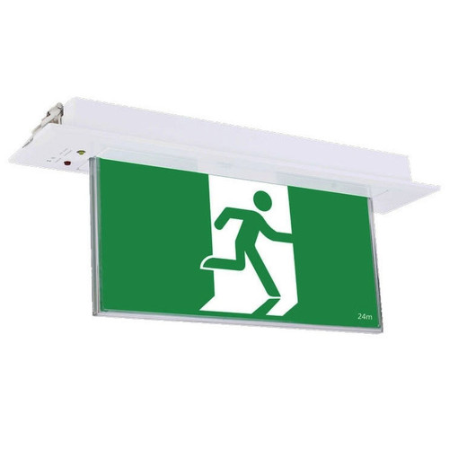 2W Emergency Exit Light Industrial Strength LED 24m Recessed 2 Hours Green Blade