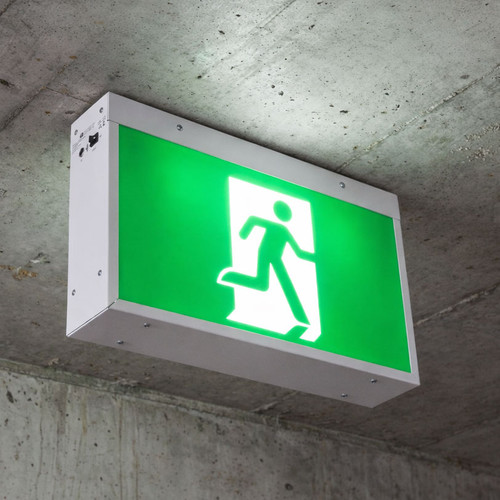 6W Emergency Exit Light Extra Large Industrial Strength LED 48m Surface Mounted 2 Hours Green