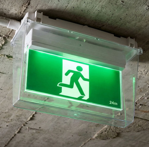 2W Weatherproof Emergency Exit Light Industrial Strength LED IP65 24m 2 Hours Green