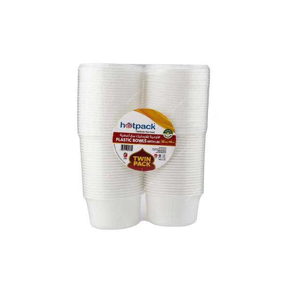 Hotpack Disposable Bowl With Lid Twin Pack, PPH400CX2, Plastic, 400ML, White, 50 Pcs/Pack