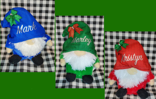 Cutest little 6" Personalized plush gnomes!  
Choose red - green - blue along with choice of red or green glitter bow.
DM or email us at kathleen-ap@comcast.net with color choices, quantities and personalization you want on gnome(s).  Silver vinyl is used for names.
