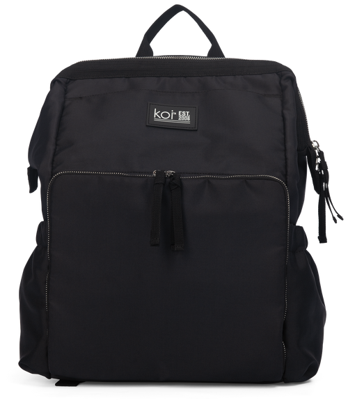 Black koi All You Need Utility Backpack shown from the front, featuring a sleek utility-inspired design, spacious main compartment, and multifunctional front pocket for everyday organization.