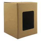 A brown cardboard gift box with a transparent window on one side. It has a simple design and a logo on it.