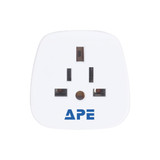 A white travel adapter featuring multiple plug configurations and a logo on the front.