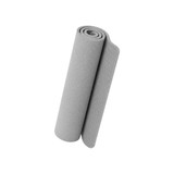 A rolled grey Premium TPE yoga mat with a textured surface and a logo at one end.