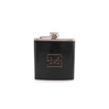 A drink bottle featuring a sleek black design with a silver top and a logo on the front.