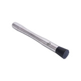 A long stainless steel cocktail muddler with a textured black end and a logo on the side.