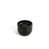 A drink bottle stopper in a sleek black colour, featuring a smooth, rounded design and a logo.