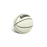 A white basketball featuring black lines and lettering, with a textured surface, and a logo.