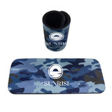 A drink bottle holder and matching mouse pad in a blue camo design, both featuring a logo.