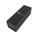 A black foldable magnetic wine box with a logo, designed to hold a single bottle.