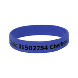 A blue silicone wristband featuring black text and a logo. Suitable for exhibitions and events.