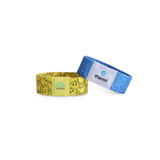 Two stretchy wristbands are displayed: one yellow with smiley faces and one blue with a textured pattern and a logo.