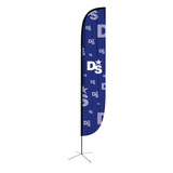 A large blue convex feather banner featuring a logo, measuring 80.5 x 400 cm.