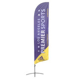 A purple and yellow angled feather banner with a logo, featuring the text "Los Angeles Premier Sports."