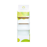 A white cardboard floor display with green circular designs and multiple shelves for product placement.