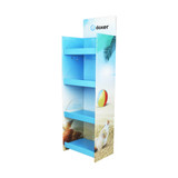A premium cardboard floor display in blue with three shelves, featuring a beach scene and a logo.