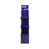 A three-tier cardboard display in navy blue with a logo at the top, designed for promotional use.