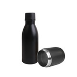A drink bottle in matte black stainless steel with a detachable cap, featuring a sleek design and metal interior.