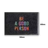 A black nylon logo mat featuring multi-coloured text. Measures 900mm by 600mm.