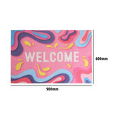 A colourful pink mat featuring a wavy design and a logo, measuring 900mm by 600mm.
