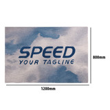 Acrylic fibre logo mat in shades of blue and grey, featuring a branded logo, with specific dimensions indicated.