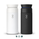 A drink bottle set featuring a white and a black travel mug, each with a logo and a sleek design.
