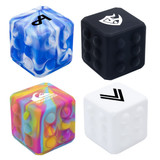 A collection of colourful cube-shaped poppers in blue, black, pink, and white, featuring various logos. A collection of colourful cube-shaped poppers in blue, black, pink, and white, featuring various logos.