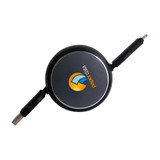A retractable portable charging cable in black with a circular design and a logo on the front.