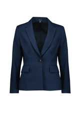 A women's mid-length blazer in navy blue with a single button and tailored design. It features two front pockets and has a logo.