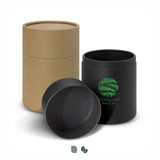 A reusable cup gift tube set featuring a black and a natural brown tube, one upright and one on its side, with a logo.