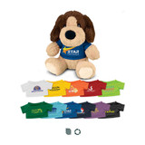 A plush dog toy with a brown and cream colour scheme, wearing a blue shirt. It is surrounded by various t-shirt designs.