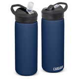 A drink bottle with a navy blue exterior and black lid, featuring a spout and a logo.
