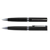 A Gemini Pen in sleek black plastic with chrome accents, displayed in two positions: one capped and one uncapped. A Gemini Pen in sleek black plastic with chrome accents, displayed in two positions: one capped and one uncapped.