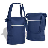 A navy cooler bag with shoulder straps and a front zip pocket, featuring a sleek design and room for a drink bottle.